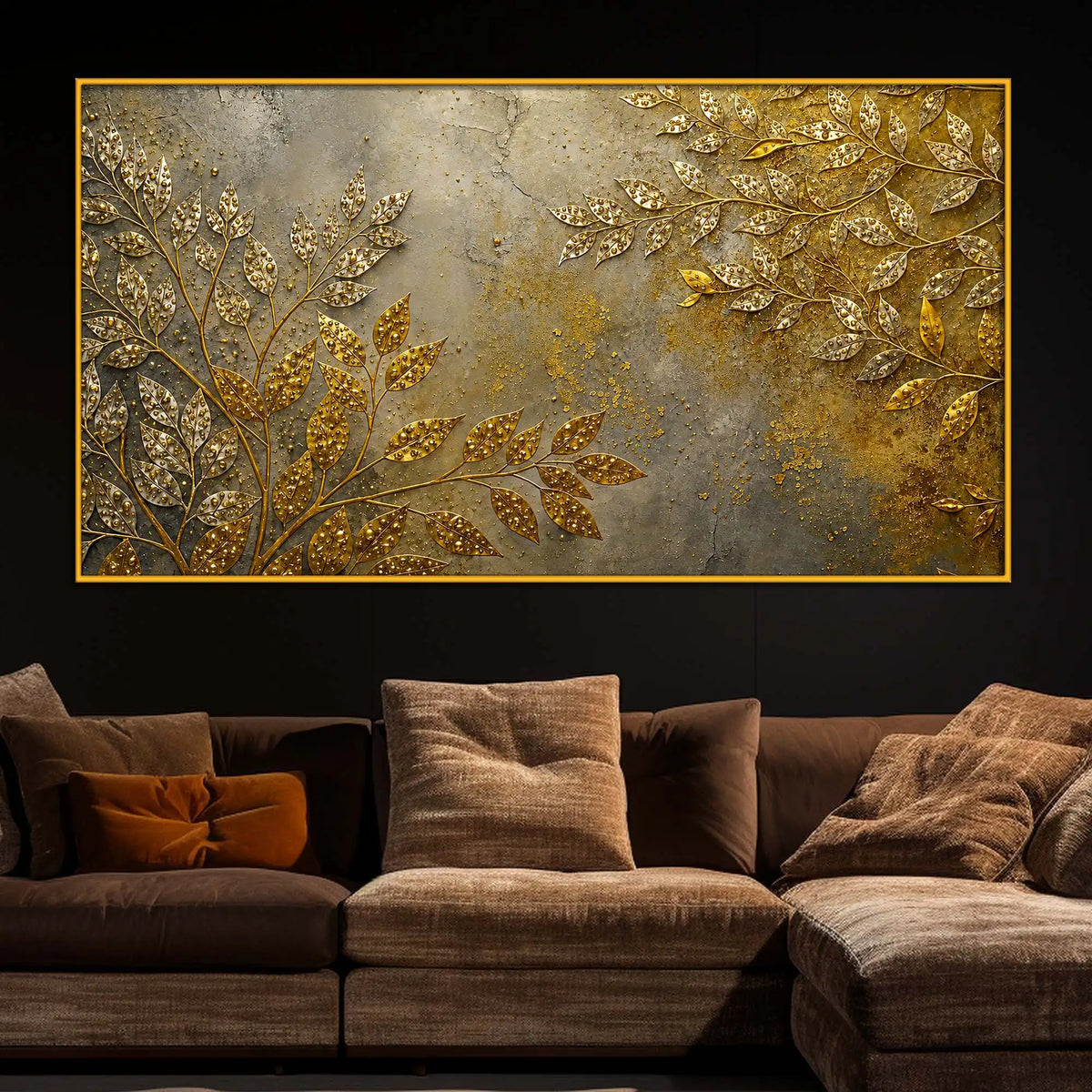 Elegant Gold Leaf Floating Frame Crystal Wall Art Painting