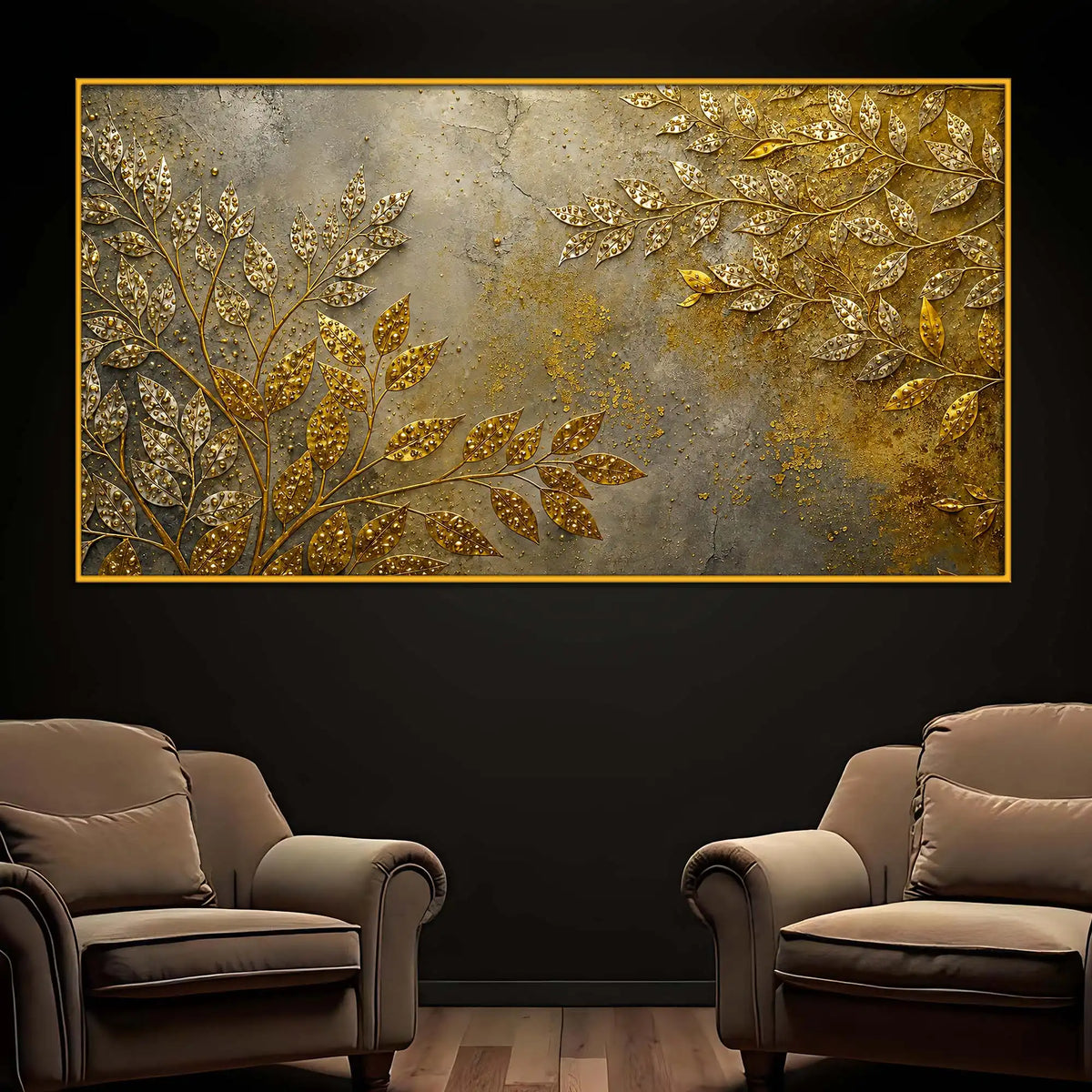 Elegant Gold Leaf Floating Frame Crystal Wall Art Painting