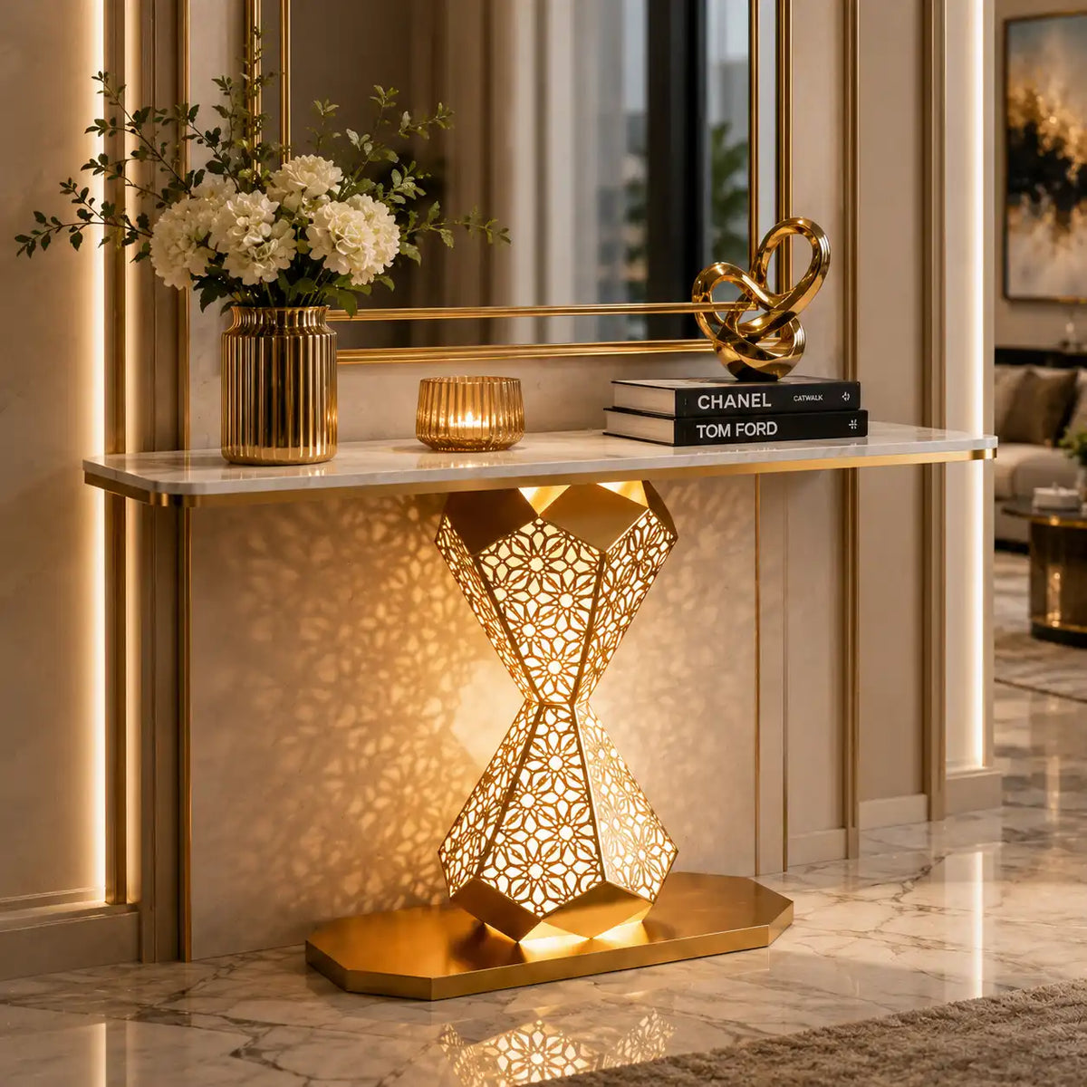 Elegant Gold LED Console Table with Smooth White Marble Top (SS 302)