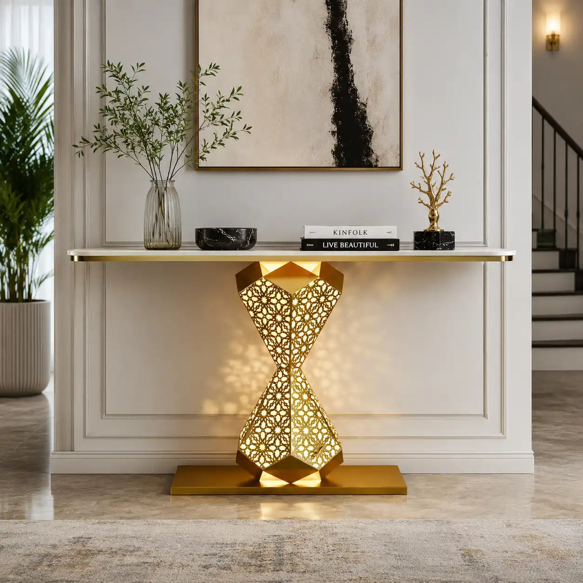 Elegant Gold LED Console Table with Smooth White Marble Top (SS 302)