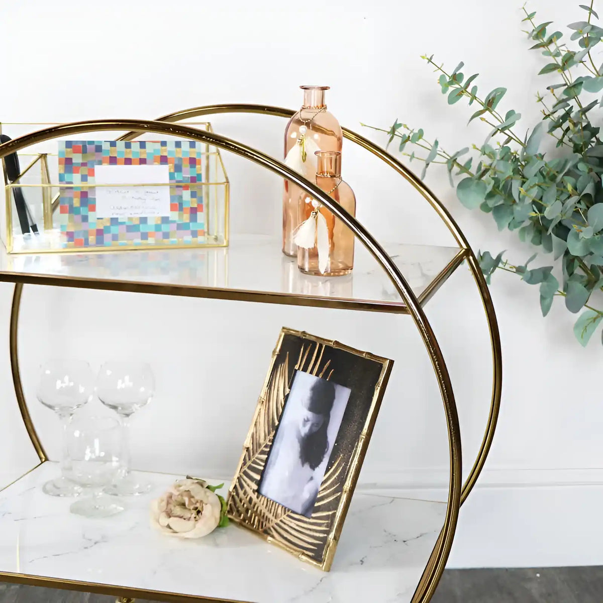 Elegant Gold & Marble Round Bar Cart Drinks Trolley