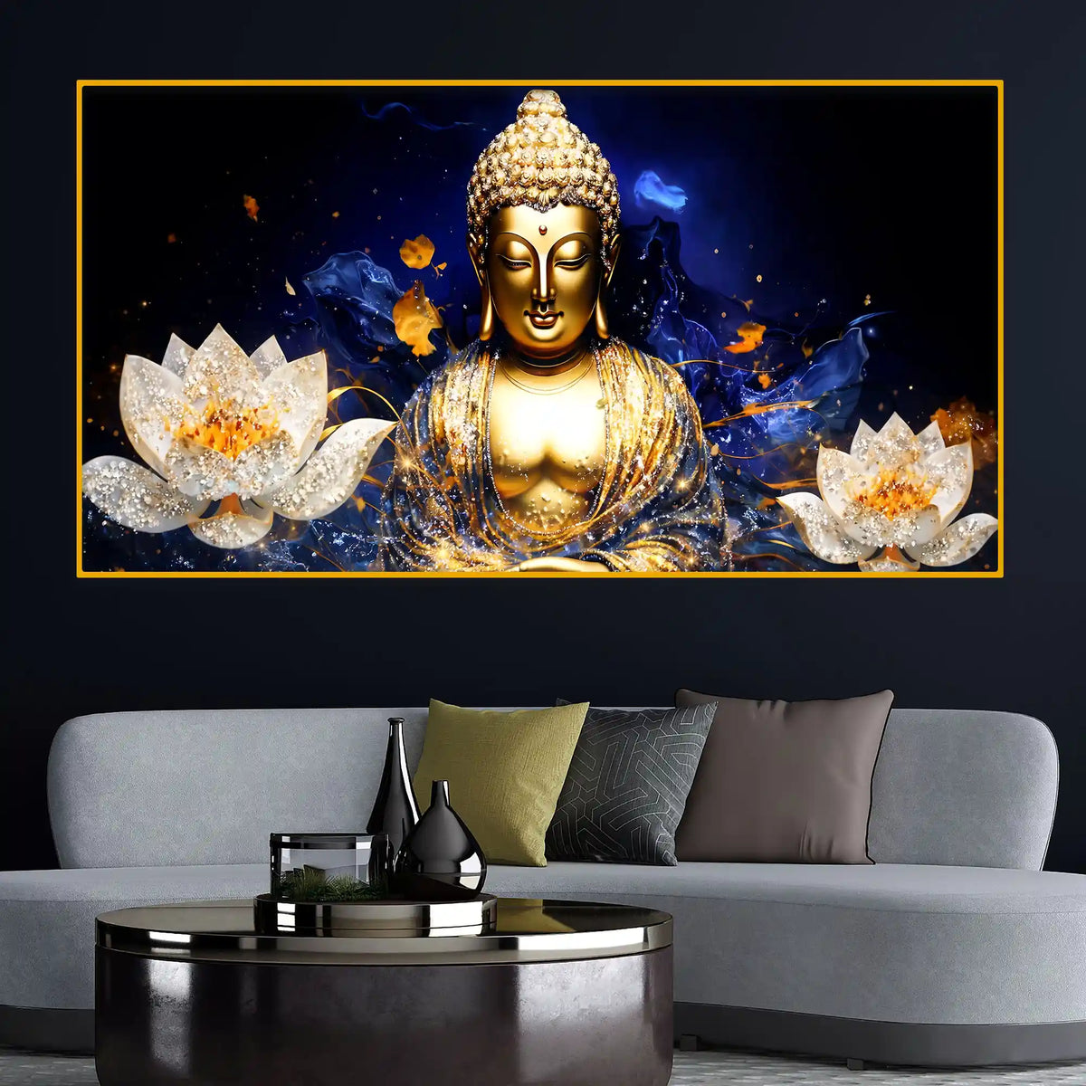 Elegant Golden Buddha Crystal Glass Wall Painting for Decoration