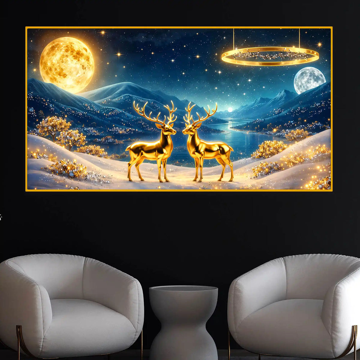 Elegant Golden Deer Scenic View Crystal Glass Painting