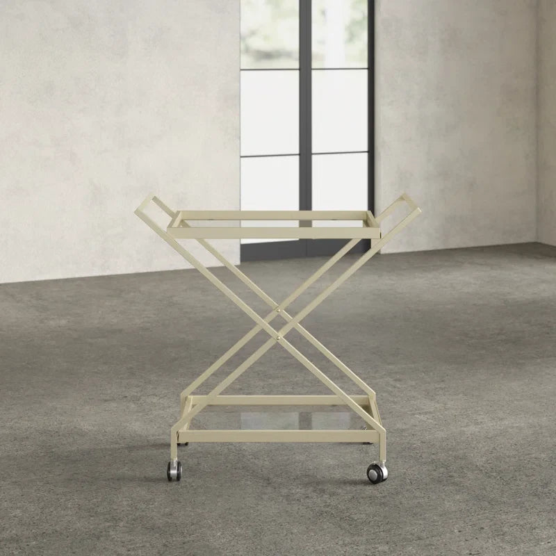 Elegant Golden Finish Drink Cart with Crossed Metal Frame