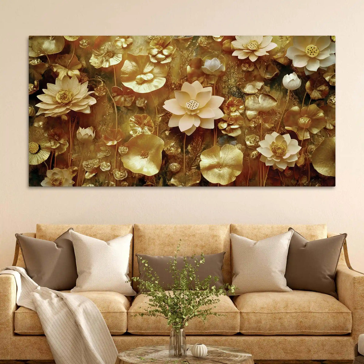 Elegant Golden Floral Canvas Wall Art Luxury Painting