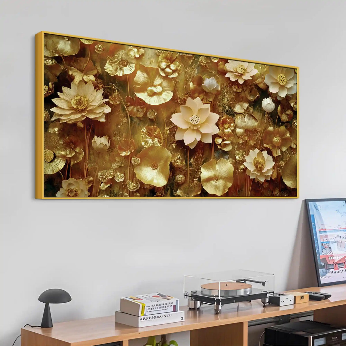 Elegant Golden Floral Canvas Wall Art Luxury Painting