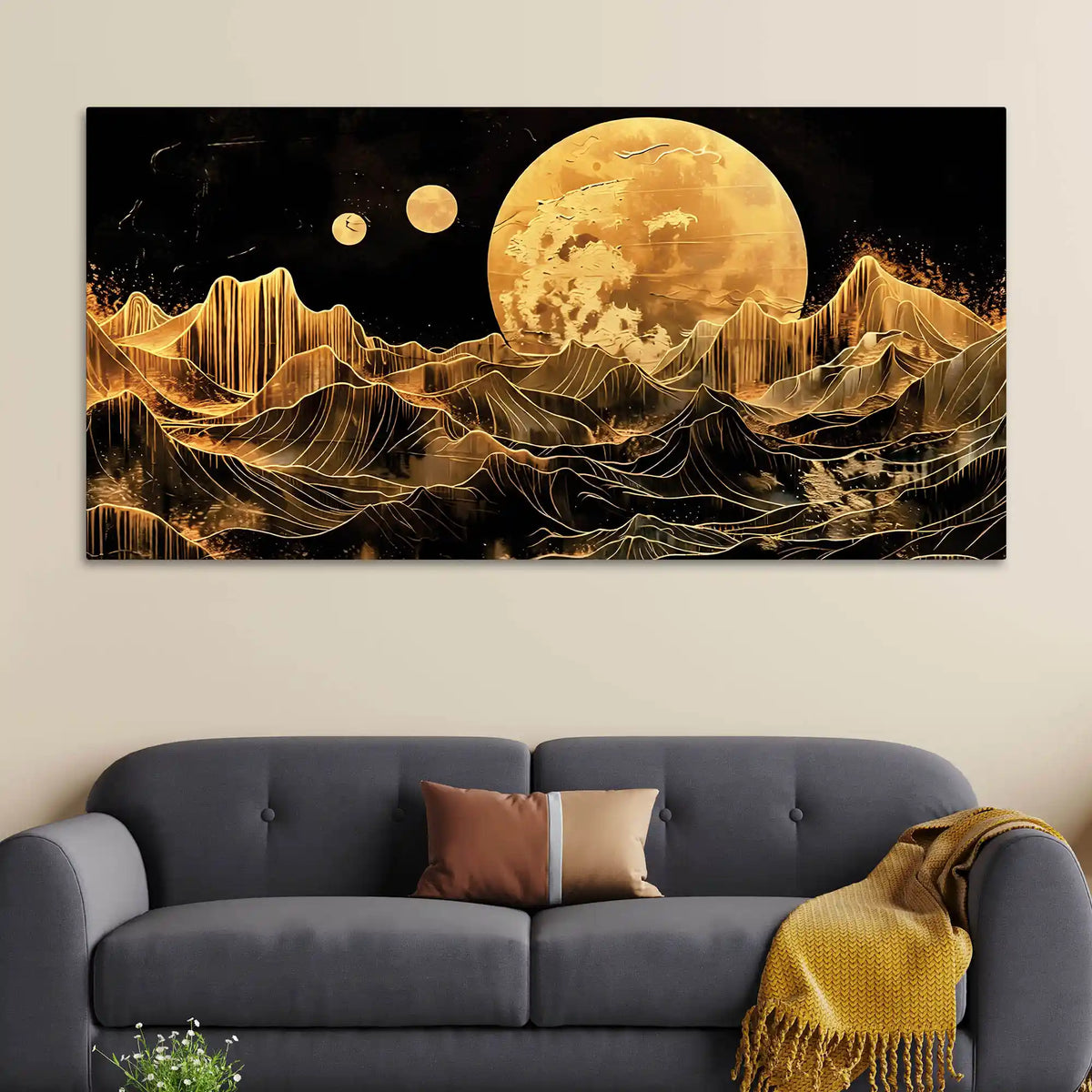 Elegant Golden Moon Abstract Canvas Wall Painting for Home Decoration