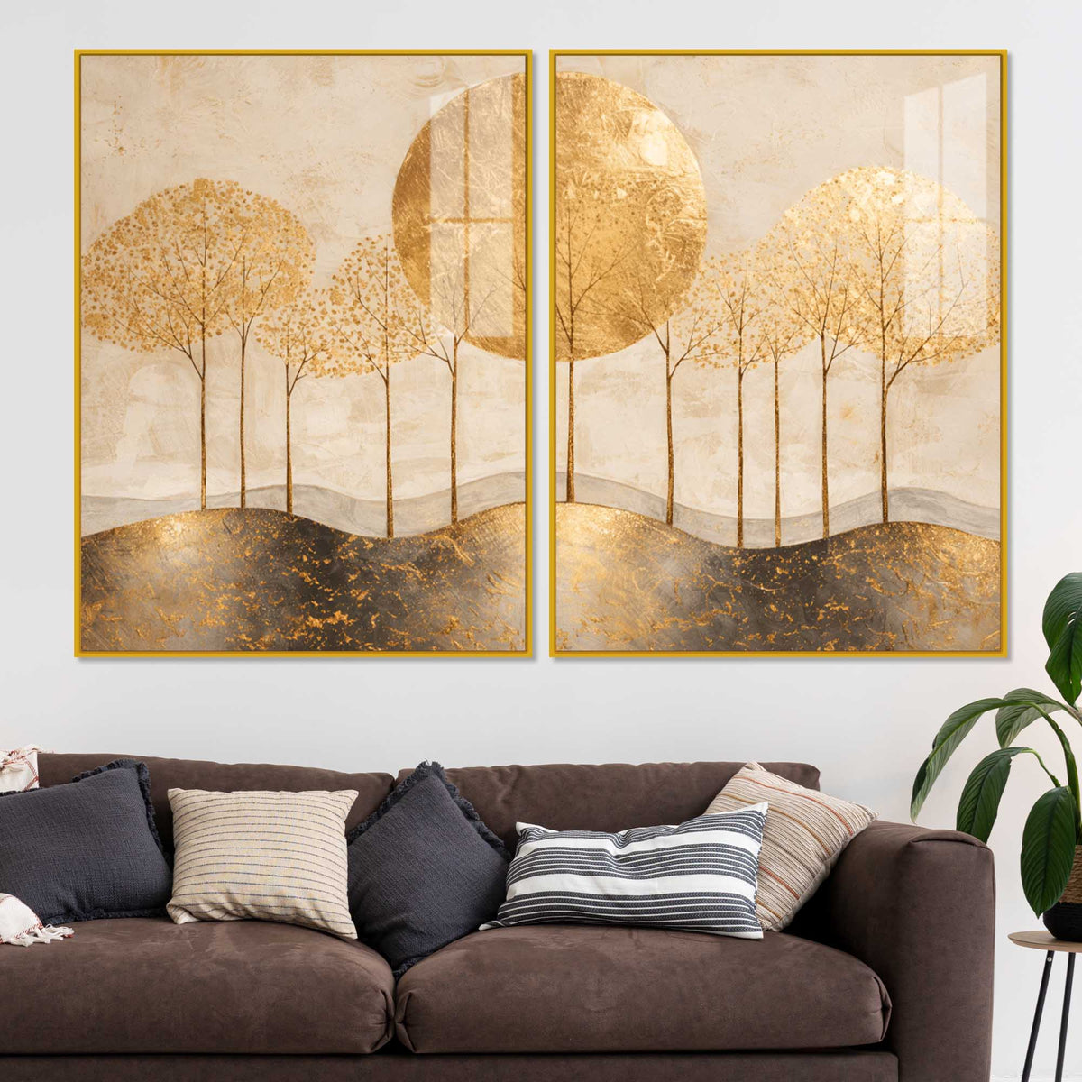 Elegant Golden Woodland Acrylic Floating Wall Painting Set of 2