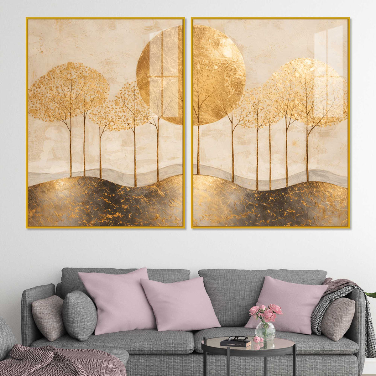 Elegant Golden Woodland Acrylic Floating Wall Painting Set of 2
