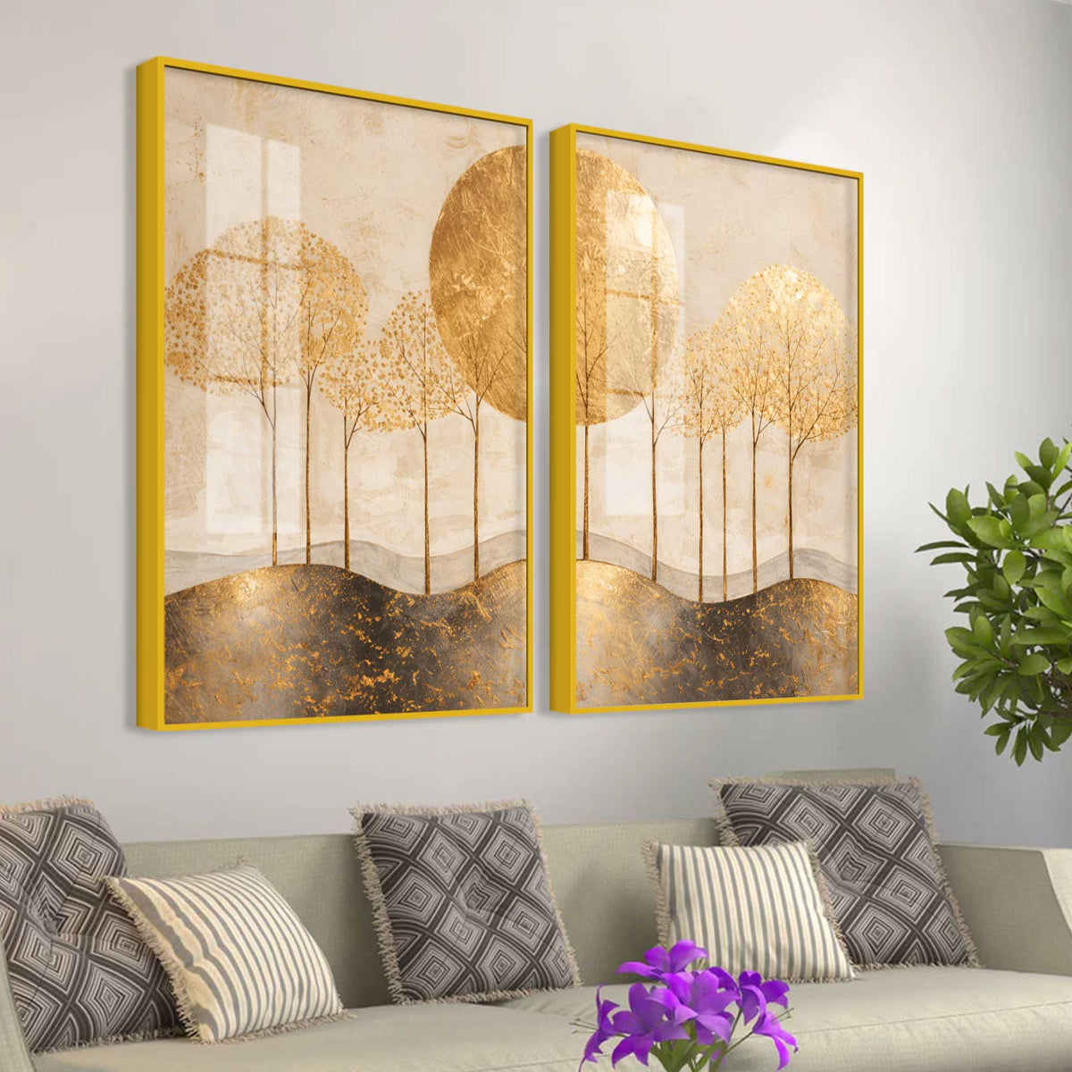 Elegant Golden Woodland Acrylic Floating Wall Painting Set of 2