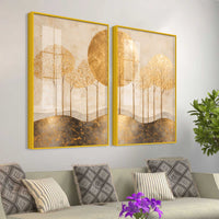 Elegant Golden Woodland Acrylic Floating Wall Painting Set of 2