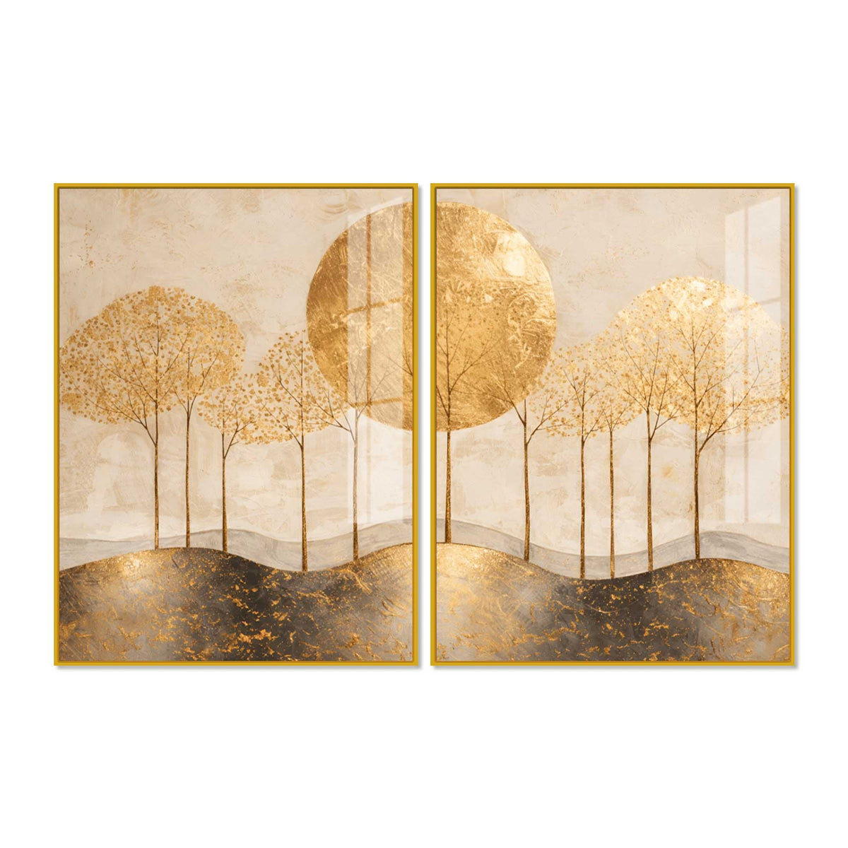 Elegant Golden Woodland Acrylic Floating Wall Painting Set of 2