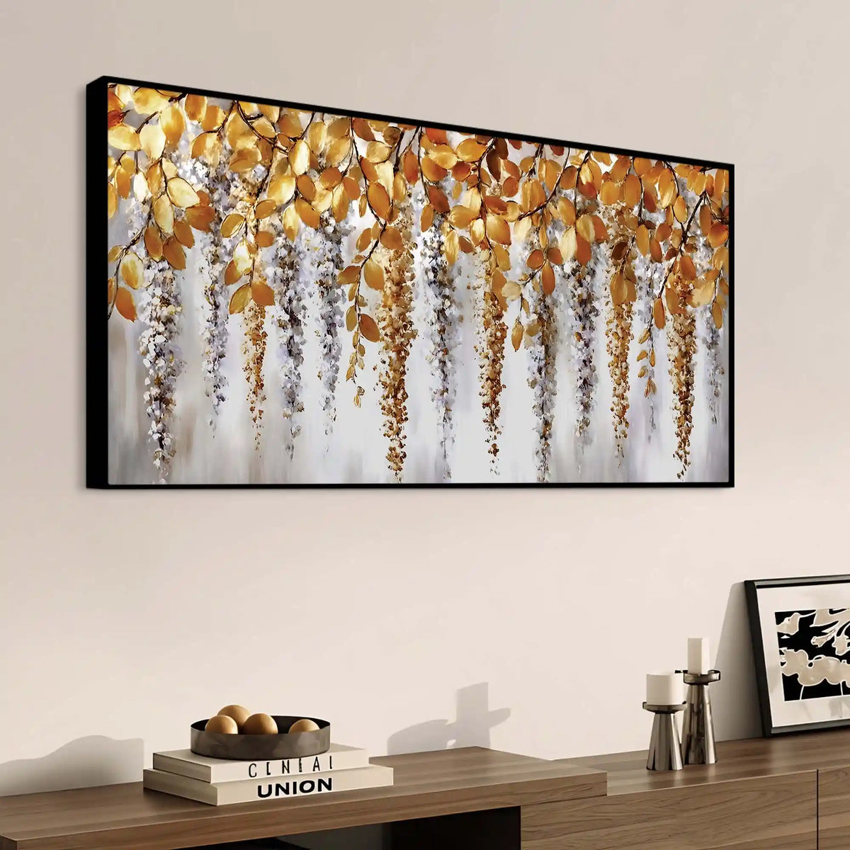 Elegant Hanging Leaves Abstract Wall Canvas Painting for Bedroom Decor