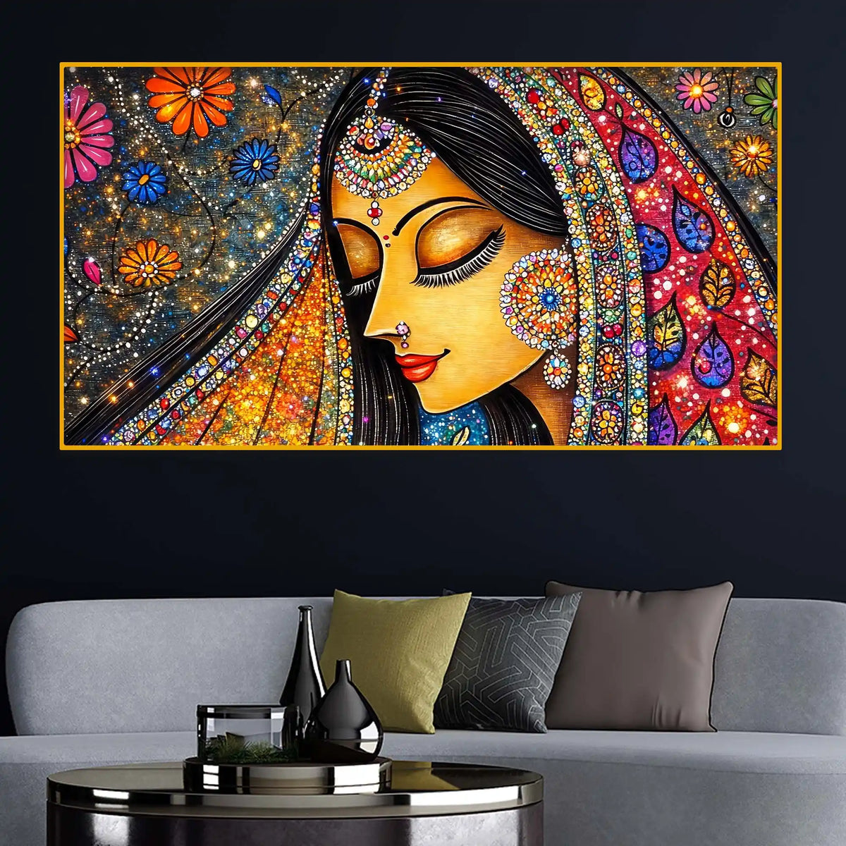 Elegant Indian Woman Crystal Glass Wall Painting for Living Room Décor