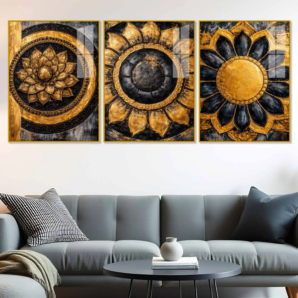 Elegant Lotus Bloom Floating Acrylic Wall Art Painting Set of 3
