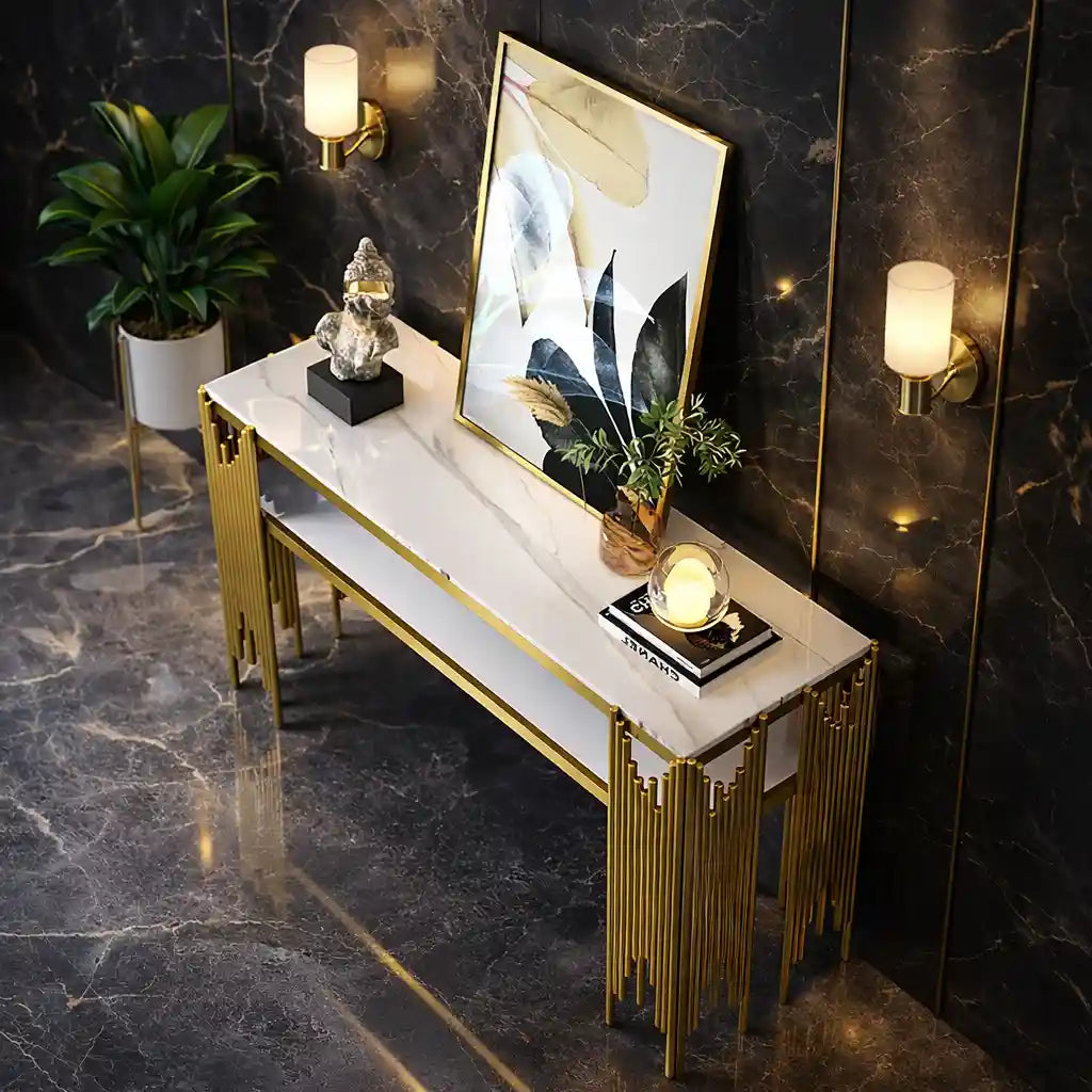 Elegant Marble Console Table with Metallic Gold Fringe Base