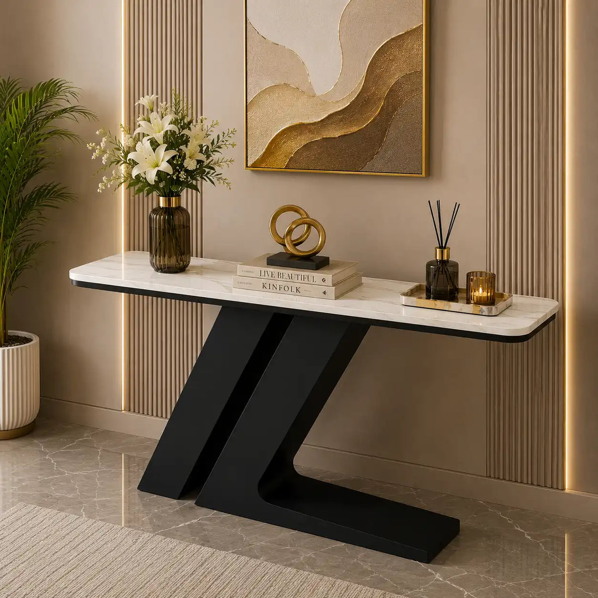 Elegant Marble Console Table with Unique Black Geometric Base