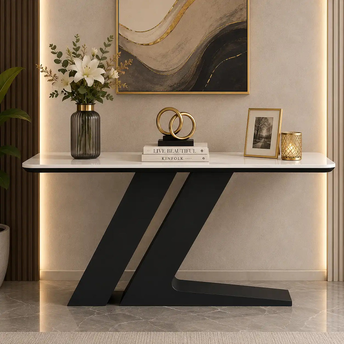 Elegant Marble Console Table with Unique Black Geometric Base