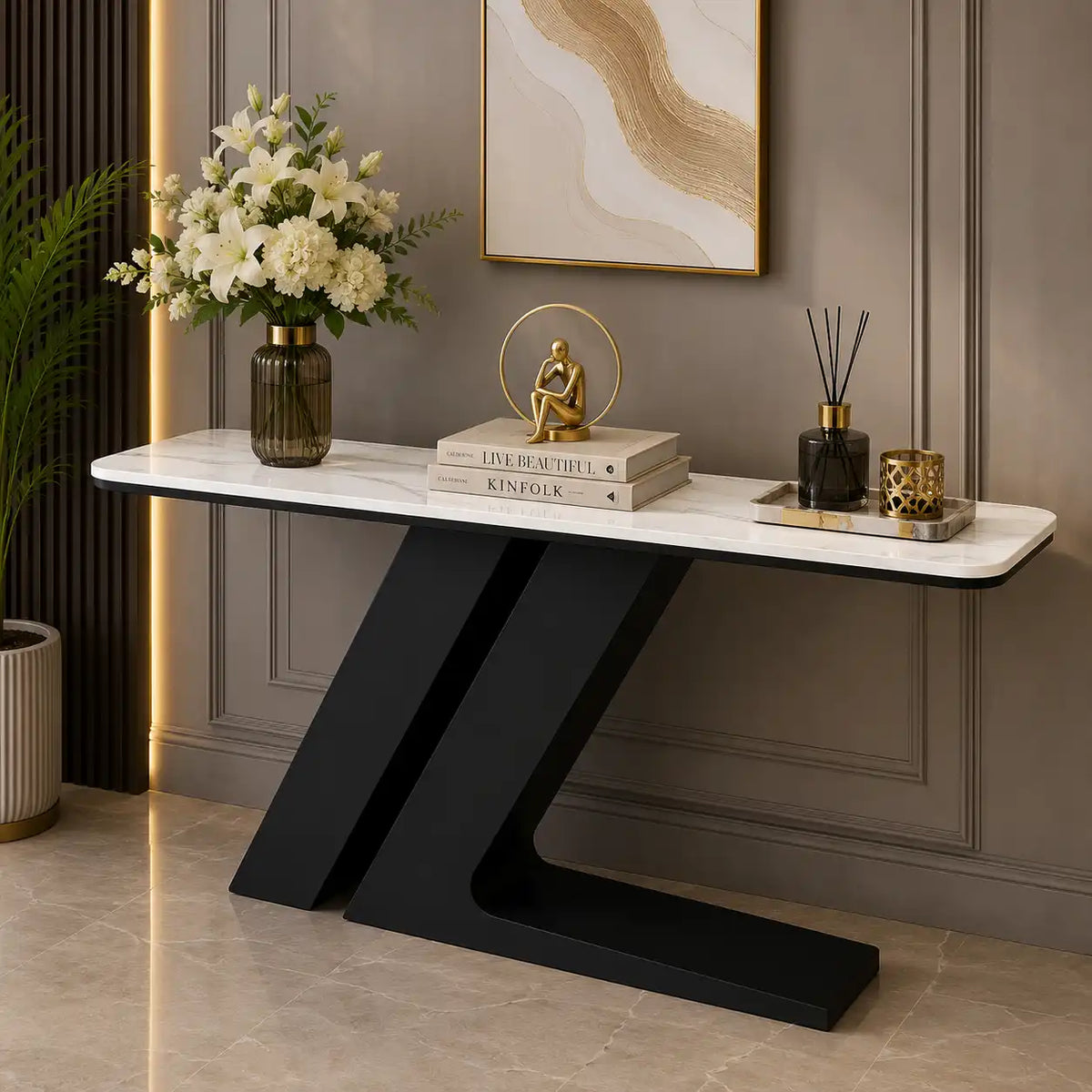 Elegant Marble Console Table with Unique Black Geometric Base