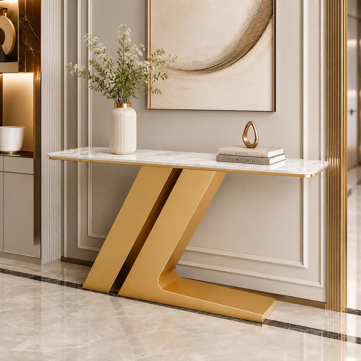 Elegant Marble Console Table with Unique Gold Geometric Base