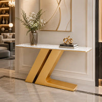 Elegant Marble Console Table with Unique Gold Geometric Base