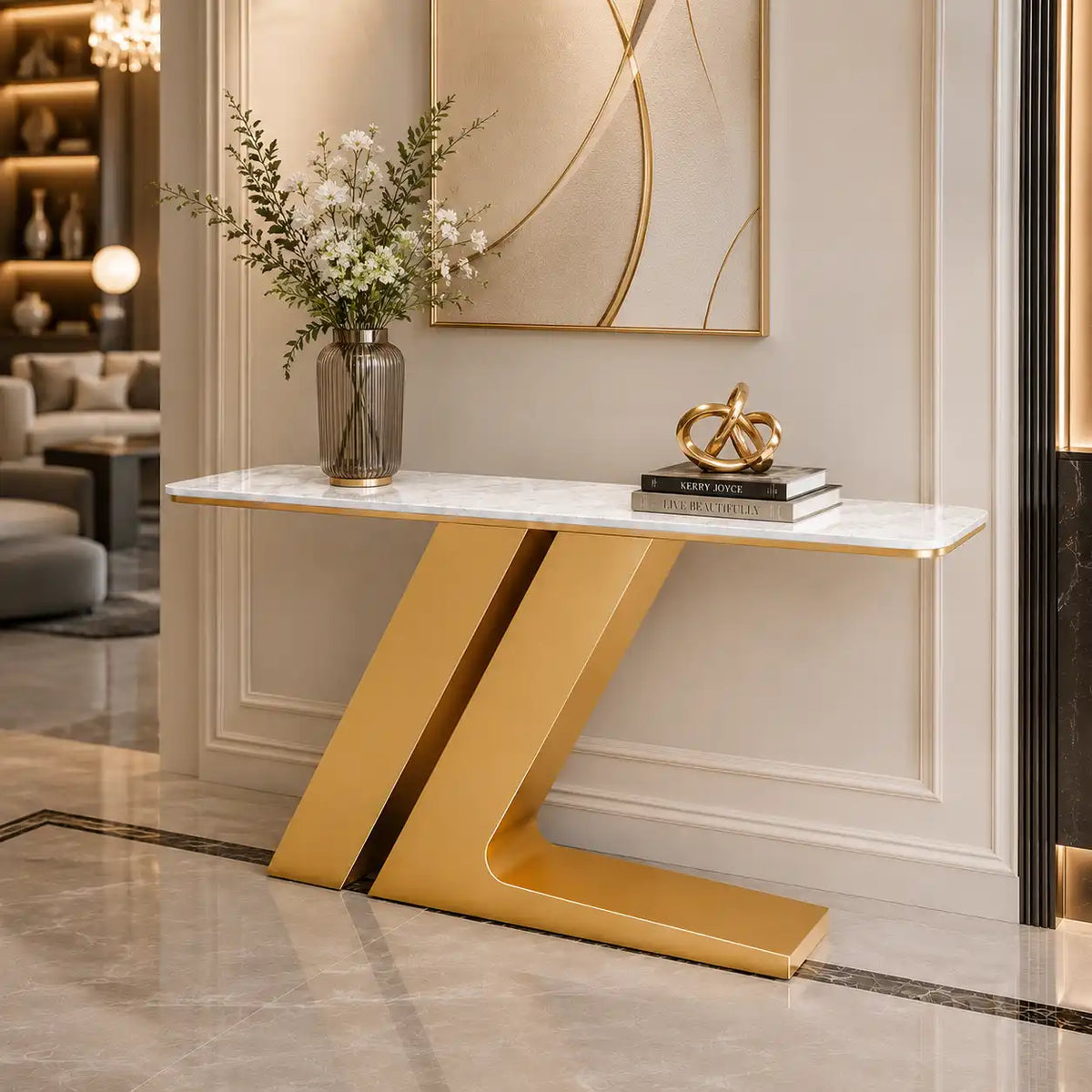 Elegant Marble Console Table with Unique Gold Geometric Base