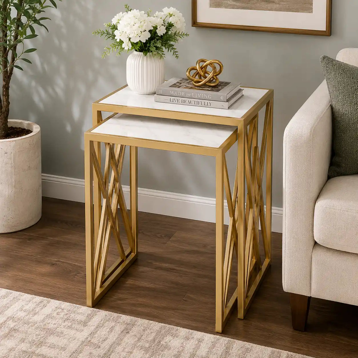 Elegant Marble Finish Nesting Table Set