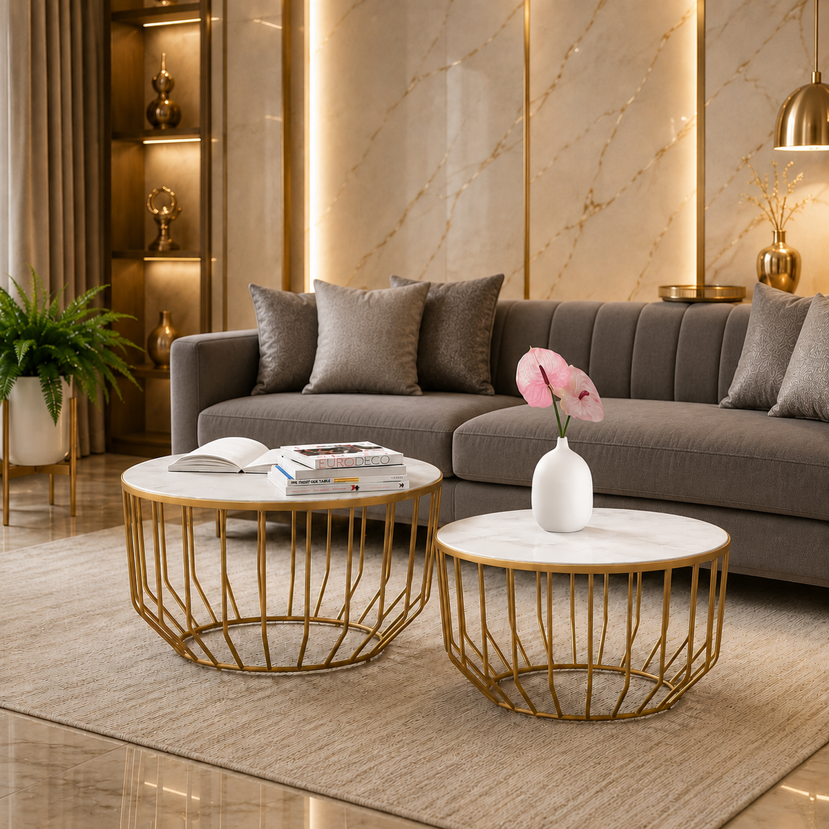 Elegant Marble Top Metal Coffee Table - Set of 2