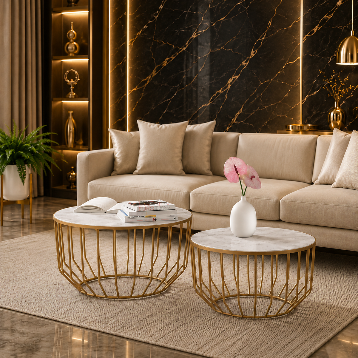 Elegant Marble Top Metal Coffee Table - Set of 2