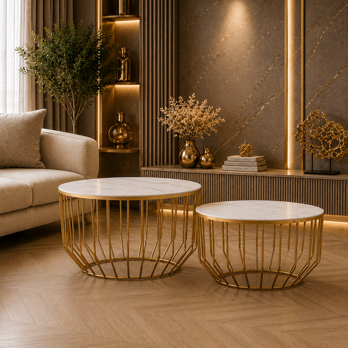 Elegant Marble Top Metal Coffee Table - Set of 2