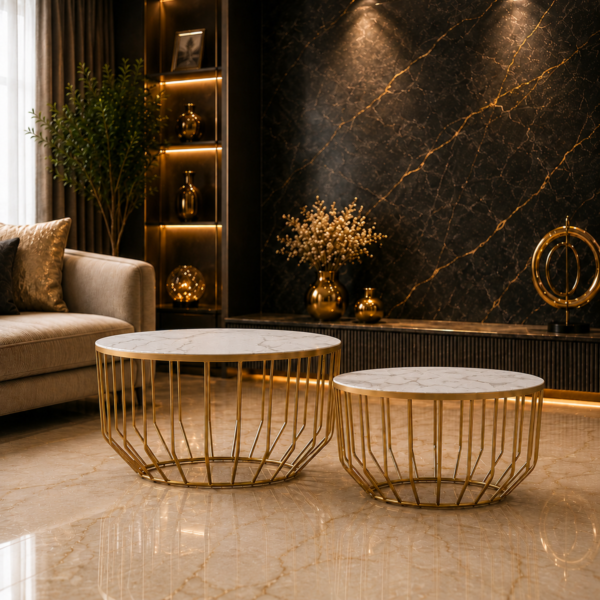 Elegant Marble Top Metal Coffee Table - Set of 2