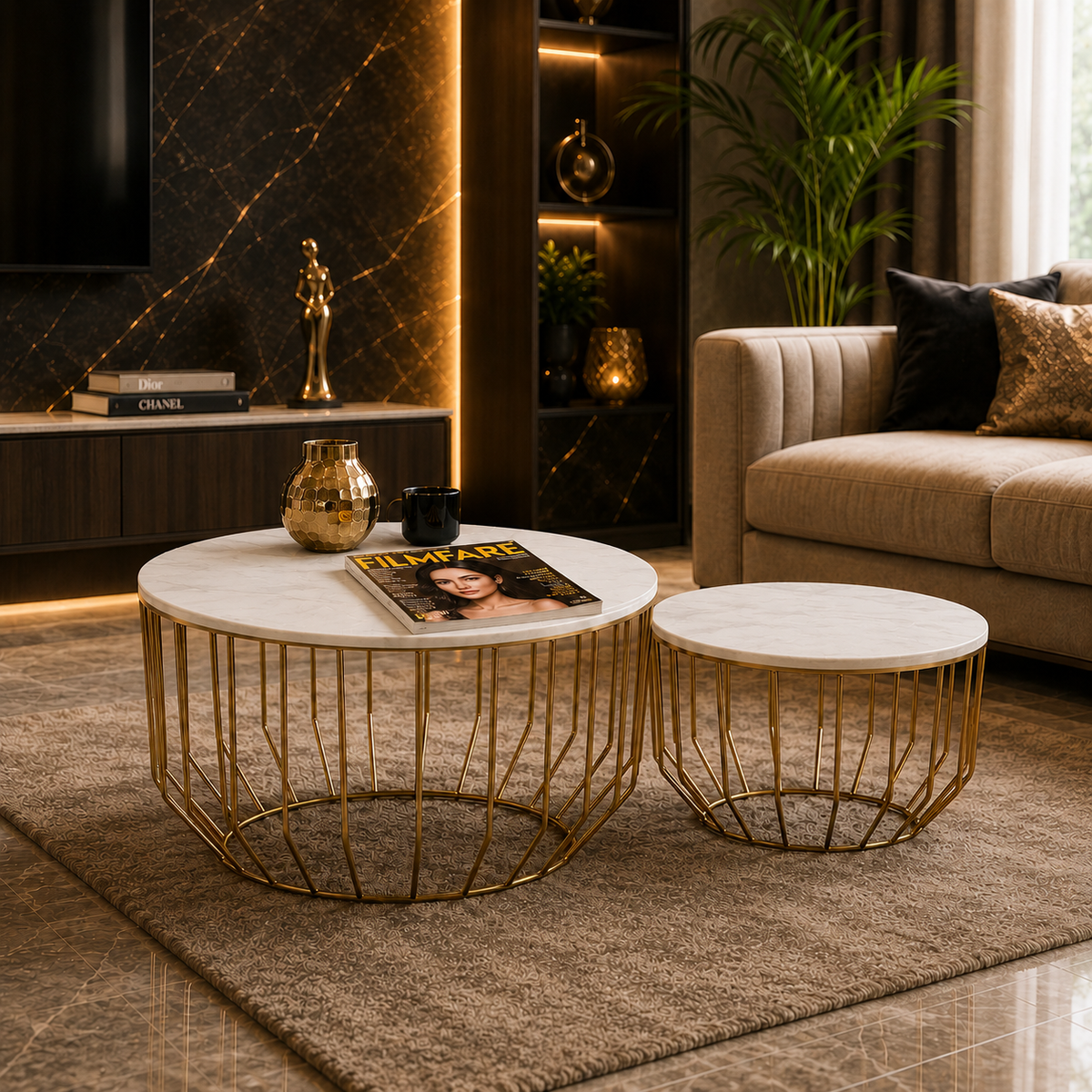 Elegant Marble Top Metal Coffee Table - Set of 2