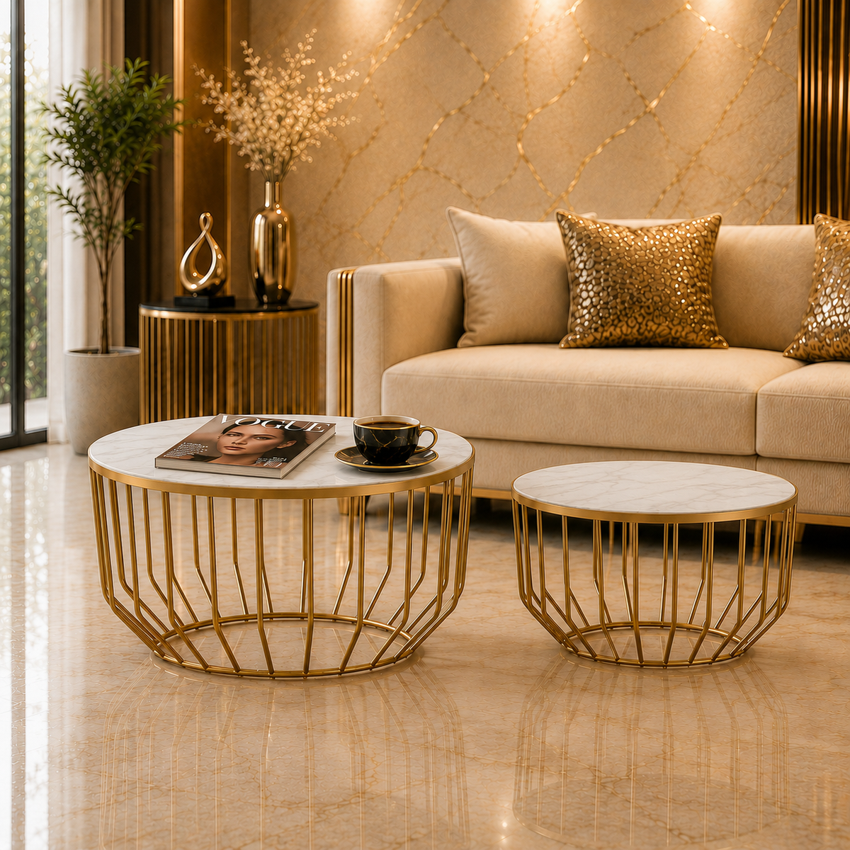 Elegant Marble Top Metal Coffee Table - Set of 2