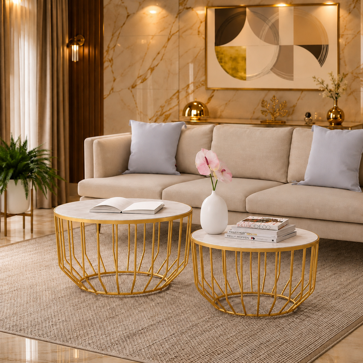 Elegant Marble Top Metal Coffee Table - Set of 2