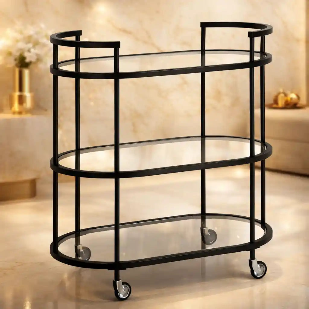 Elegant Modern Bar Cart Trolley with Black Steel Frame