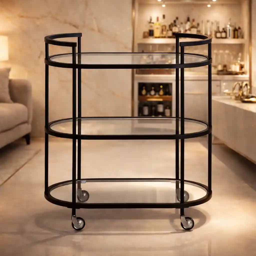 Elegant Modern Bar Cart Trolley with Black Steel Frame