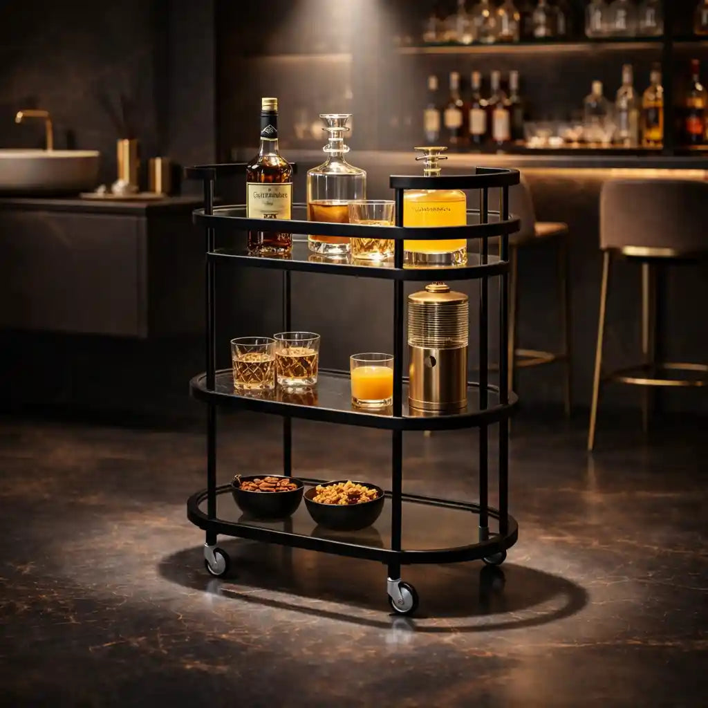 Elegant Modern Bar Cart Trolley with Black Steel Frame