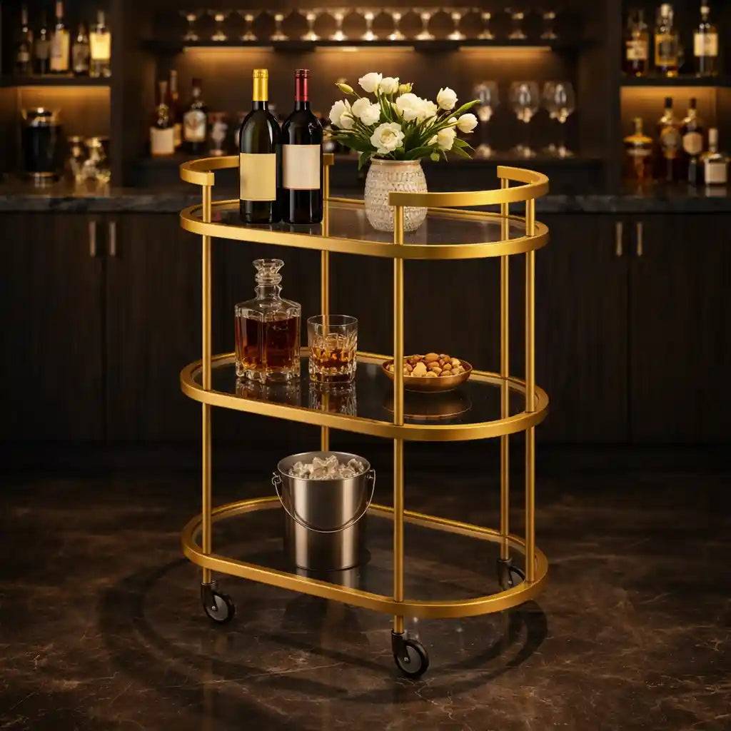 Elegant Modern Bar Cart Trolley with Golden Steel Frame