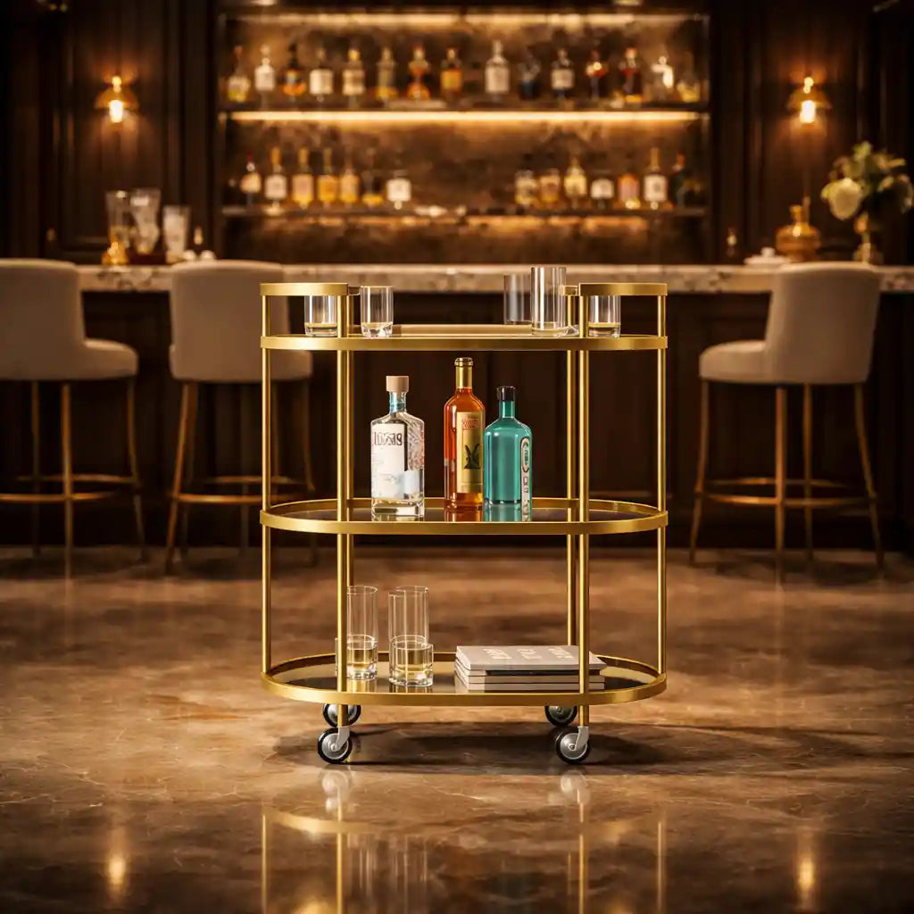 Elegant Modern Bar Cart Trolley with Golden Steel Frame