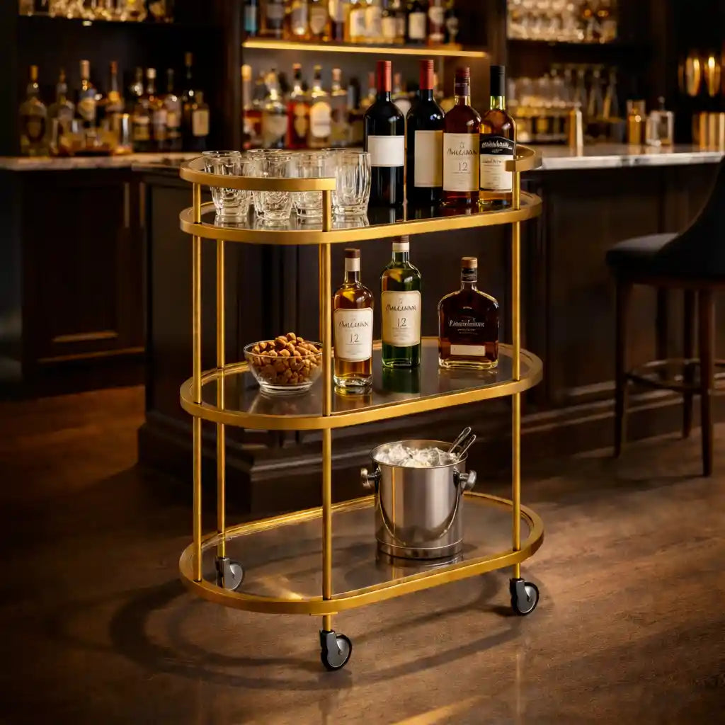 Elegant Modern Bar Cart Trolley with Golden Steel Frame