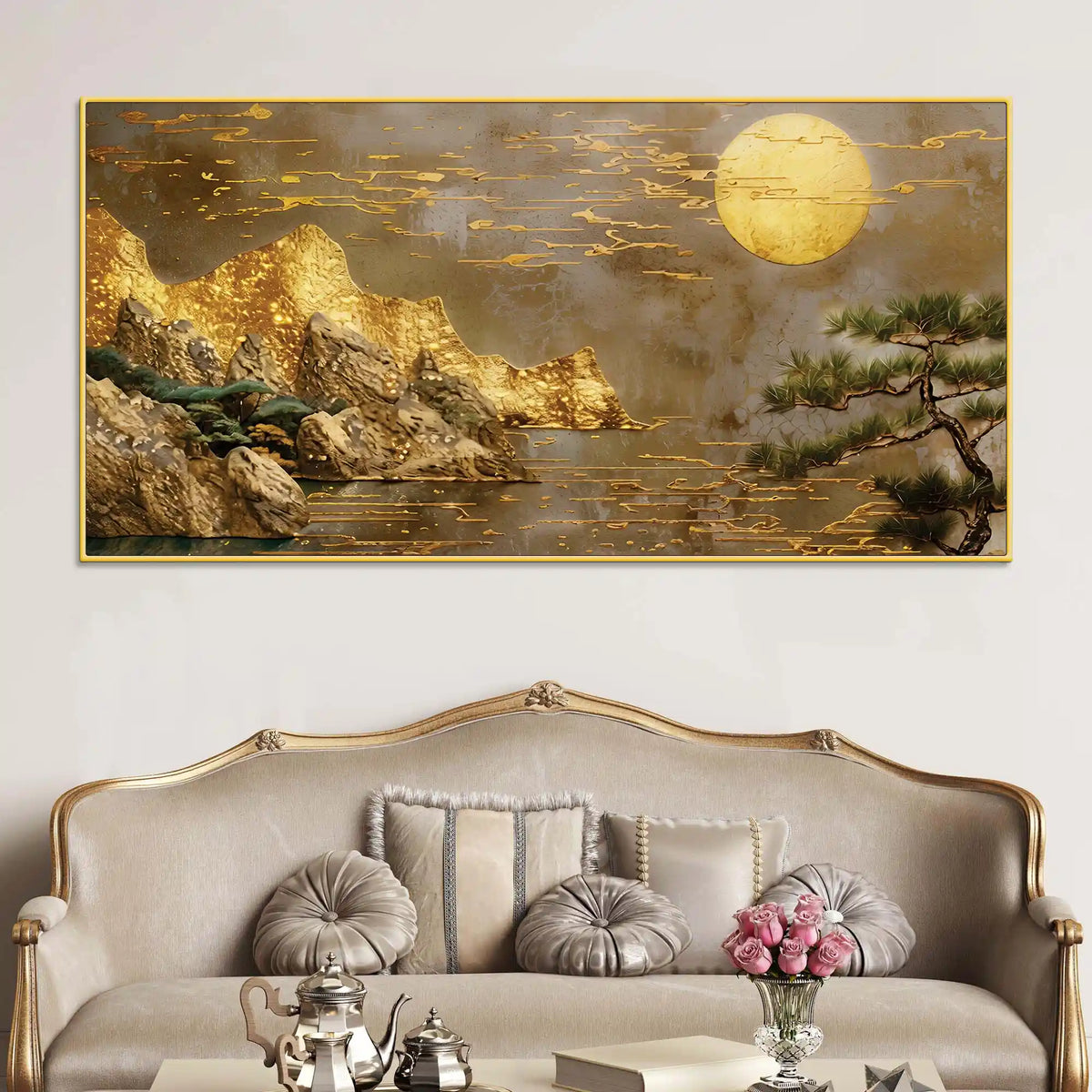 Elegant Mountain and Moon Canvas Wall Art Nature Painting