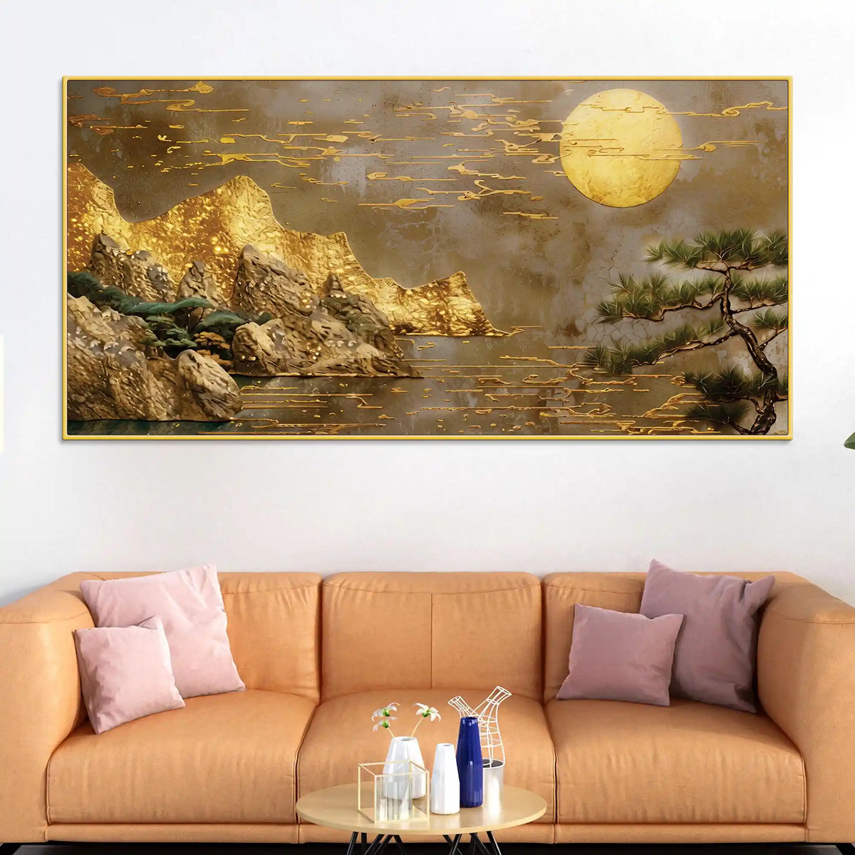Elegant Mountain and Moon Canvas Wall Art Nature Painting