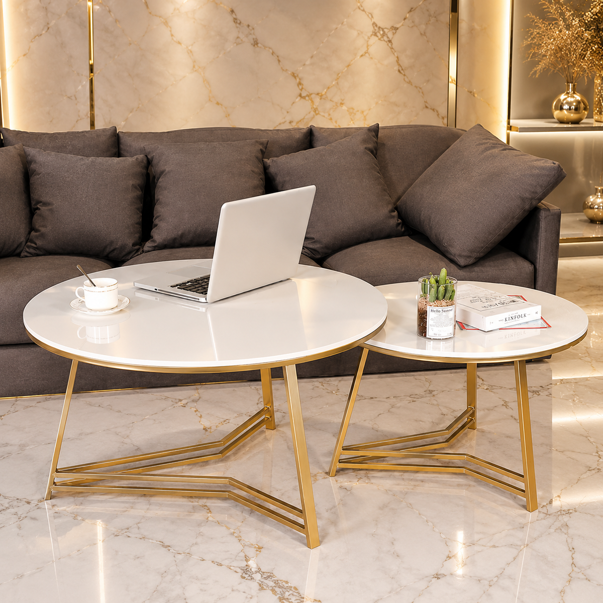 Elegant Nesting Coffee Table with White Marble Top