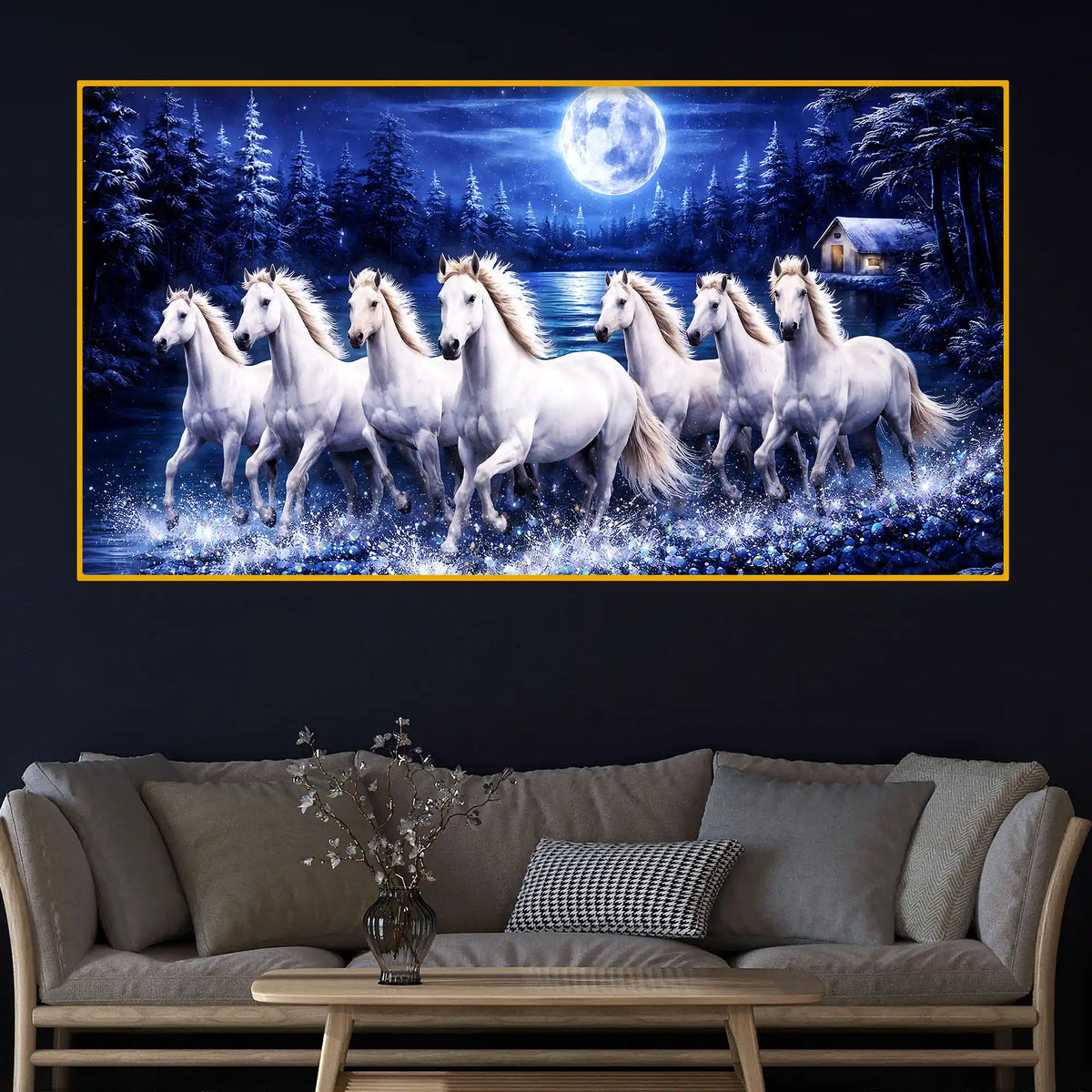 Elegant Night Horses Crystal Glass Wall Painting