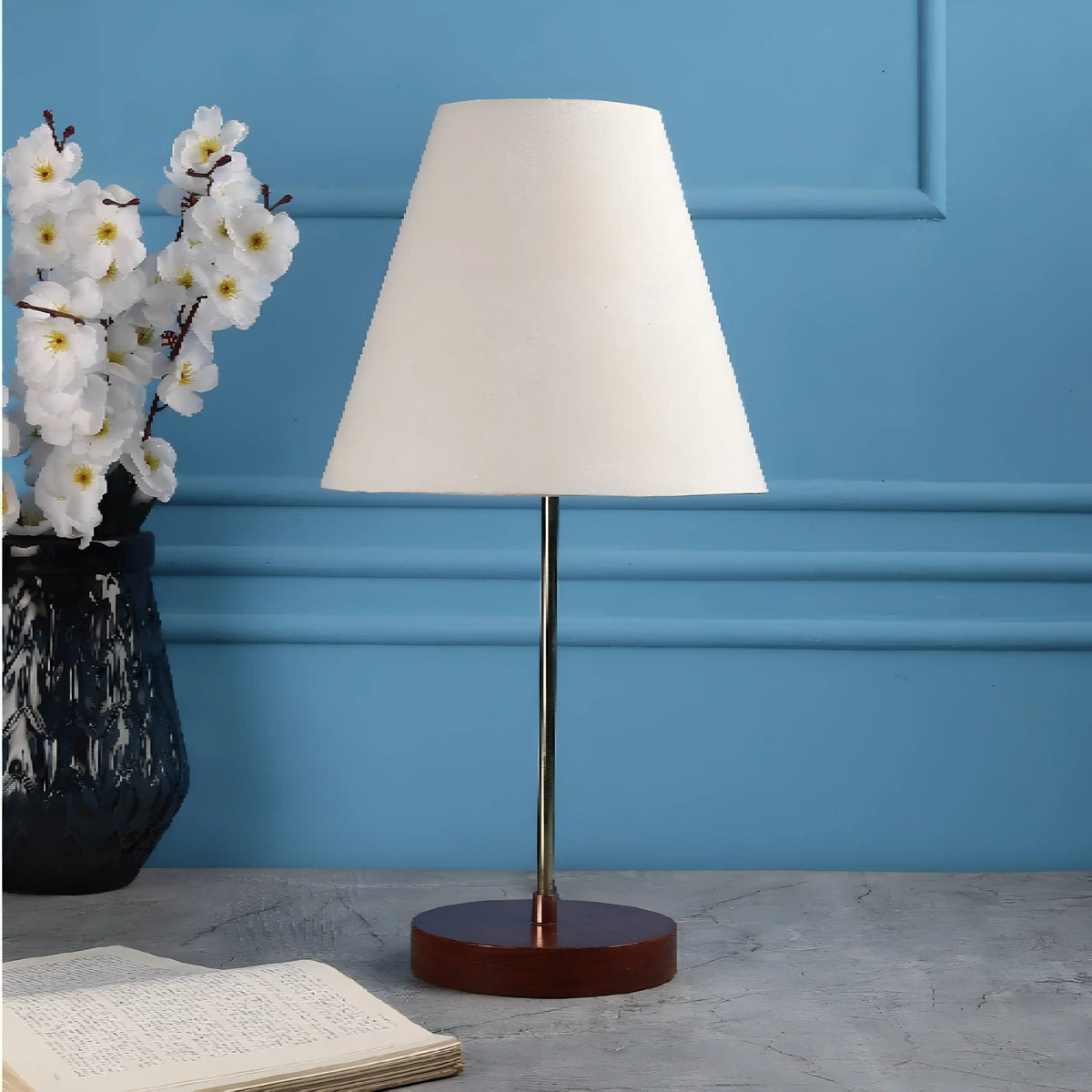 Elegant Night Lamp with Wooden Base Table Lamp White Shade