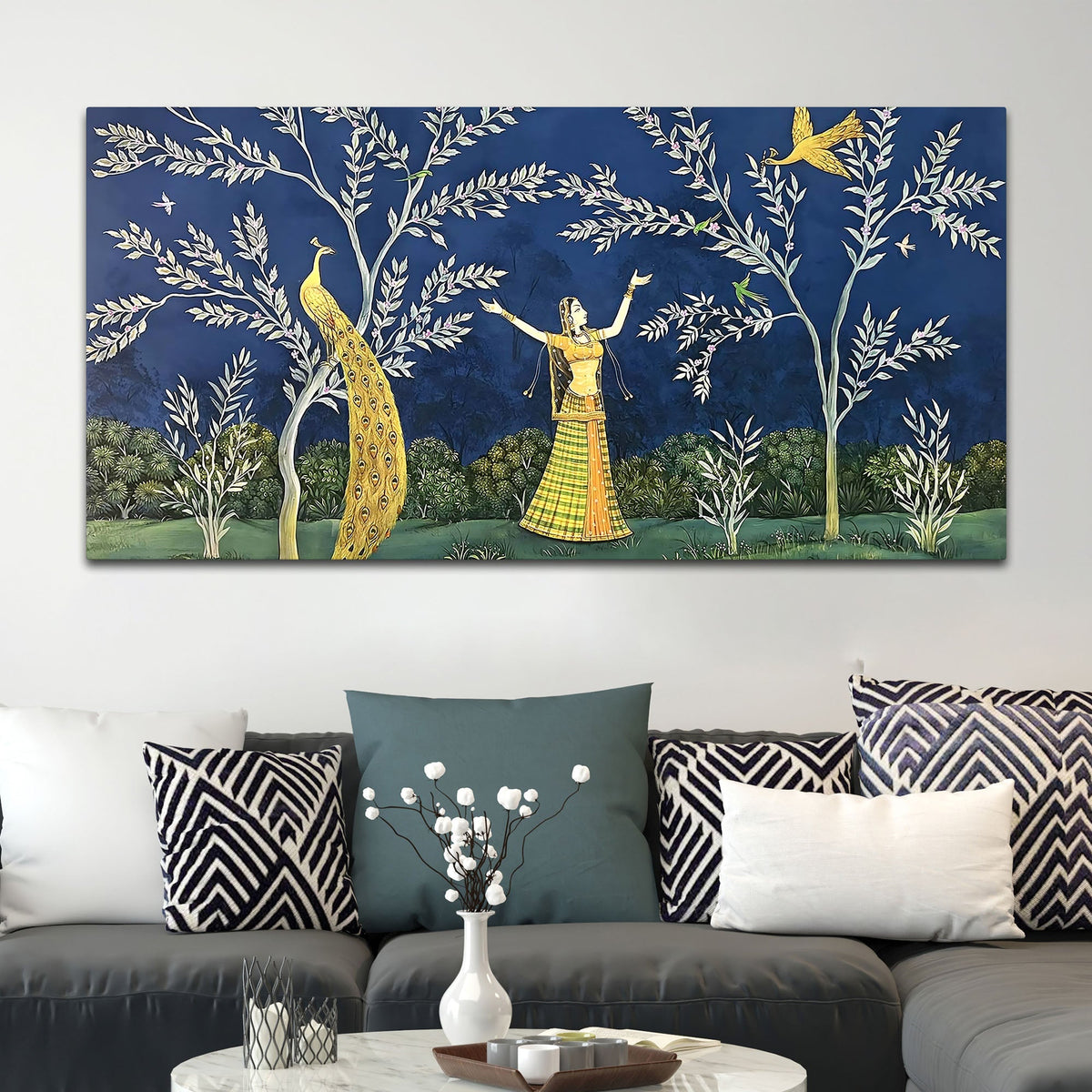 Elegant Peacock and Dancing Maiden Canvas Wall Painting