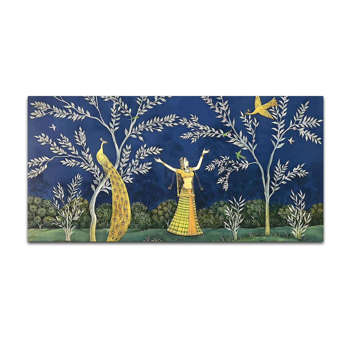 Elegant Peacock and Dancing Maiden Canvas Wall Painting
