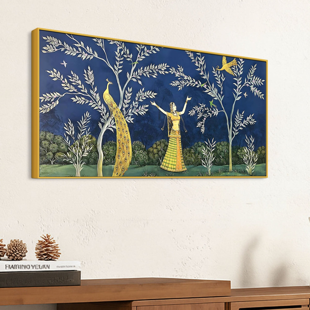 Elegant Peacock and Dancing Maiden Canvas Wall Painting