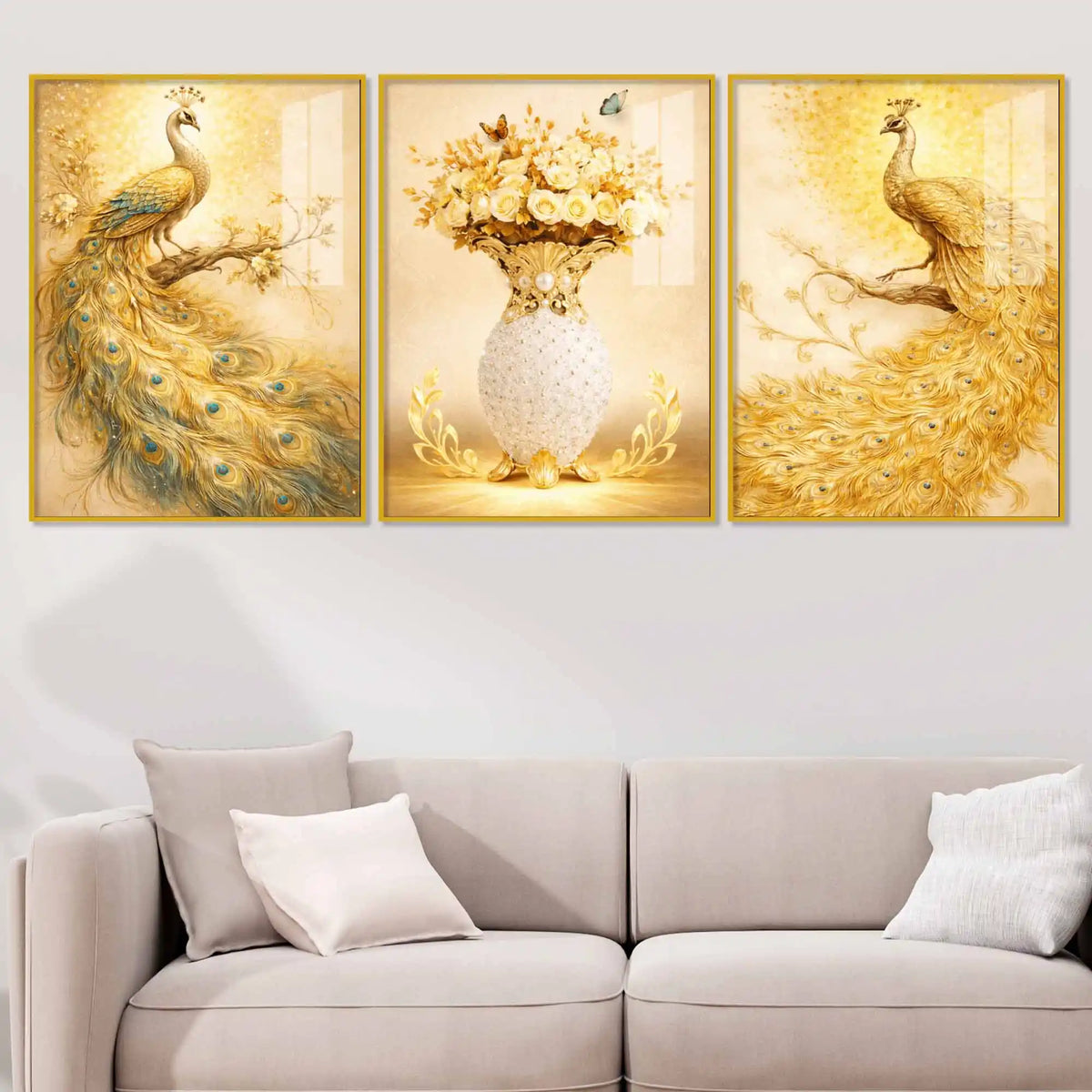 Elegant Peacock and Flower Vase Floating Acrylic Wall Painting Set of 3