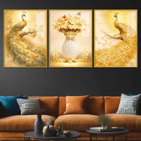 Elegant Peacock and Flower Vase Floating Acrylic Wall Painting Set of 3